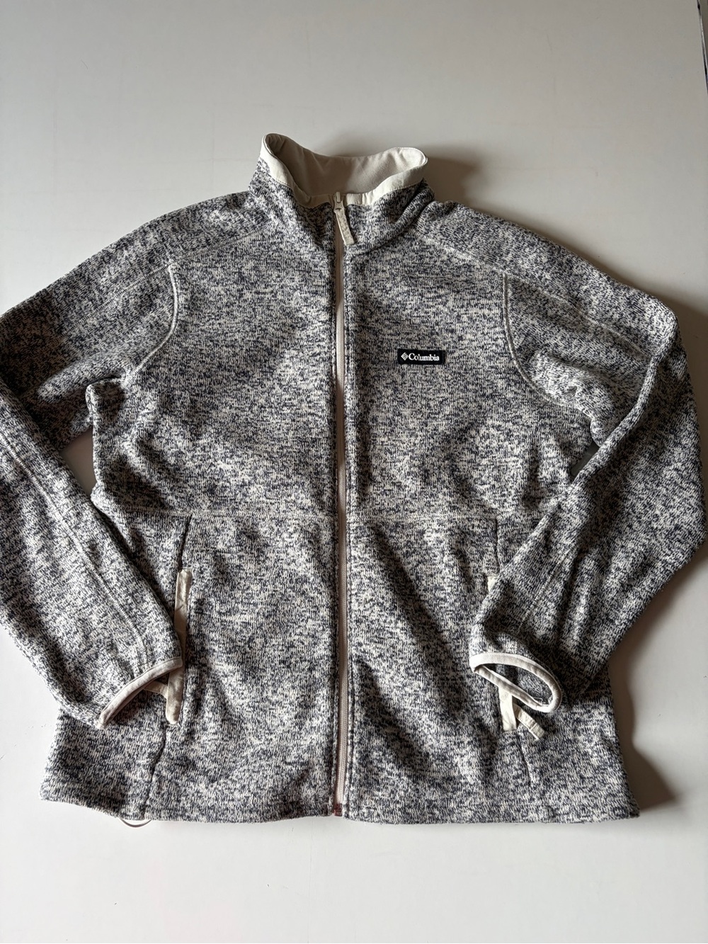 Columbia gray white fleece full zip sweater women’s size medium elastic waist
